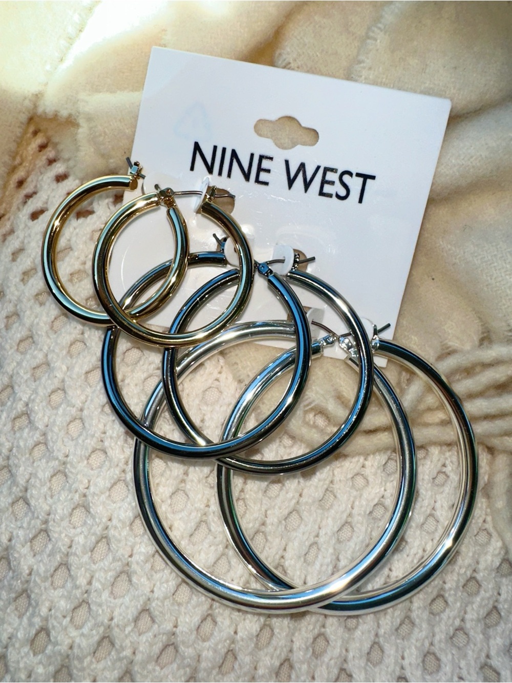 Nine West New with Tags Gunmetal Gold and  Silver Multi-Size Hoop Earring Set